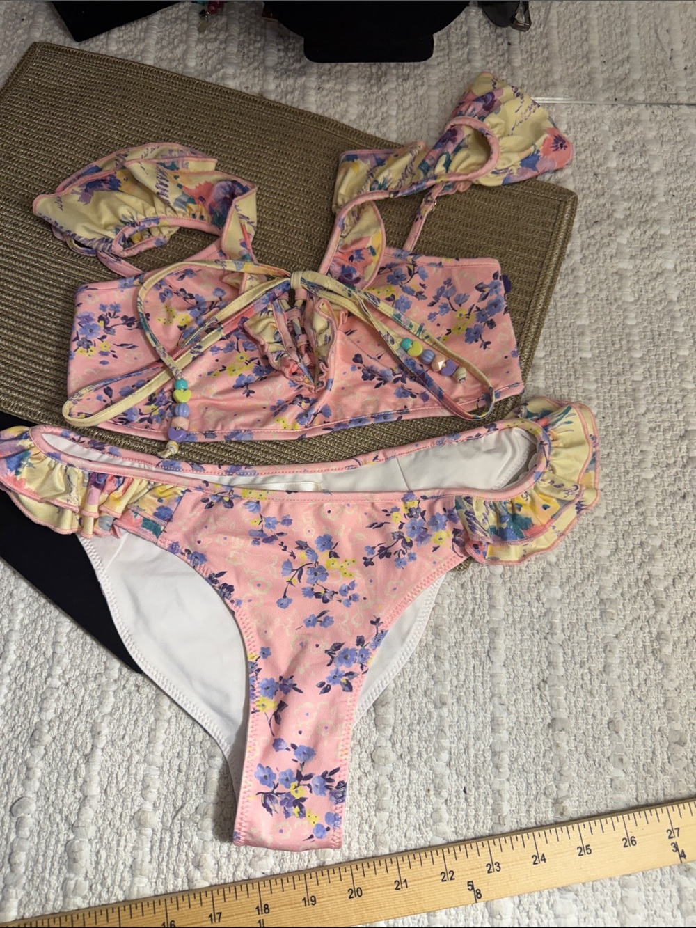 LoveShackFancy XS Pink Floral Ruffle Bikini Set Beaded Tie Front Coquette - Picture 2 of 11
